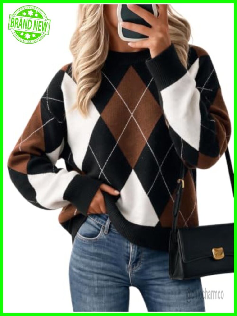 Argyle Plaid Color Block Knit Pullover Sweater Crew Neck Long Sleeve